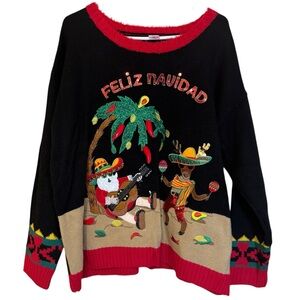 Holiday Time Women Black Feliz Navidad Ugly Christmas Sweater Size 1X